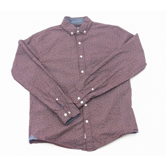 Express Slim Soft Wash Red Maroon Stars Suns Pattern Dress Shirt Mens Size Small - Picture 1 of 6